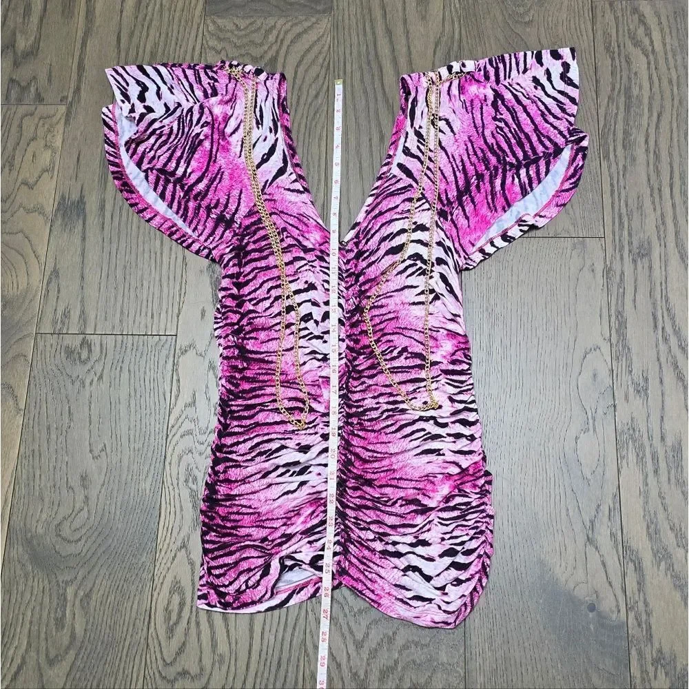 COOGI Y2K Ruched Plunge Zebra Print Mini Dress in Electric Hot Pink - Picture 12 of 16